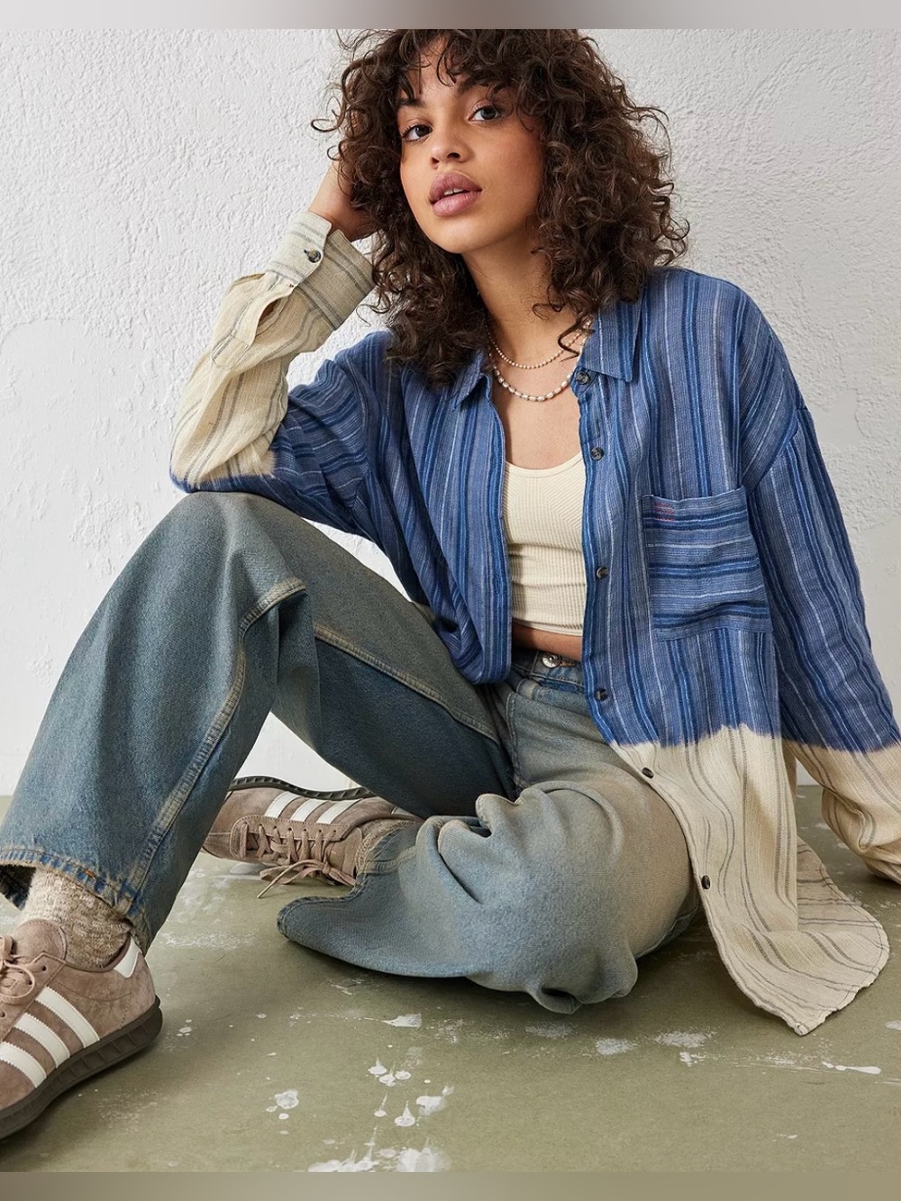 BDG Women’s oversized Small Dip-Dye Sadie Striped Button-Up Shirt Blue and Cream - Picture 8 of 8